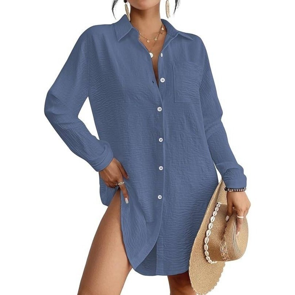 BSUBSEACH Women's Shirt Dress Cover Up Blue Long Sleeve Beach One Size
